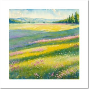 Slanted Watercolor Spring Hill with Pink Flowers Posters and Art